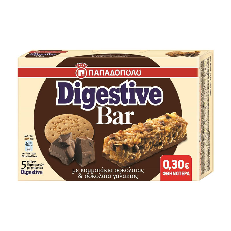 Papadopoulou Cereal Bars with Chunks of Digestive Biscuit, Milk Chocolate Chips and Milk Chocolate Coated Base 5x28 g Papadopoulou Cereal Bars with Chunks of Digestive Biscuit, Milk Chocolate Chips and Milk Chocolate Coated Base 5x28 g